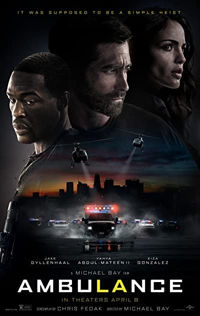 Dikey konumlandırılmış siyah fon üzerinde başrol oyuncuları; Vill Sharp ( YAHYA ABDUL- MATEEN II), Danny Sharp (JAKE GYLLENHAAL) ve Cam ( EİZA GONZALEZ)’in  portrelerinin kolajları yer alıyor. Cam ve Danny’in yüzü aynı tarafa dönükken Vill onlara sırt dönmüş şekilde konumlandırılmış. Vill, 30lu yaşlarda, siyahi, çizgi şeklinde çenesine doğru uzattığı bıyığıyla, traşlı, alnı açık, kısa saçlı bir adam. Sol omzunun üzerinden yere doğru endişeli bakıyor. Danny, sakallı, gür saçlı, beyaz tenli bir adam. 30larının sonlarında. Sivri burunlu ve renkli gözlü. Tek noktaya kaygılı bakışları var. Cam, siyah dalgalı saçları, sivri çenesi ve belirgin yüz hatlarıyla buğday tenli, 30larında bir kadın.  Dudakları hafif aralık, karşıda bir şeye şaşkın ve korku içinde bakıyor.  Omuzlarından yukarısının net olduğu afişin orta kısmında, gün batımında şehrin içinde yol olan; mavi kırmızı çakarlı ambulansı havadan iki polis helikopteri yakın mesafeden izlerken, arkada siyah beyaz polis otoları takip ediyor. Ambulans, yansımasının düştüğü su birikintisinden geçerken her iki yanına su sıçratıyor  Afişin en üstünde, ‘IT WAS SUPPOSED TO BE A SIMPLE HEIST’ yazılı. Afişin altında; JAKE GYLLENHAAL , YAHYA ABDUL- MATEEN II, EİZA GONZALEZ isimleriyle A MICHAEL BAY fılm ve altında büyük puntolu kalın harflerle ‘AMBULANCE’ yazıyor. Ambulance yazısının L ve A harfleri sarı renkte. Ambulance yazısının hemen altında ‘ IN THEATERS APRİL 8 ‘ yazısı ile sponsor logoları yer alıyor.