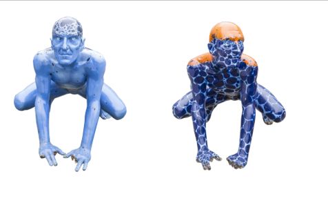 Avatar 1 - Avatar 2 Görselde yaklaşık bir insan boyu uzunluğunda cinsiyeti belli olmayan insan formundan özellikler taşıyan üzerinde kıyafet olmayan iki tane mavi renklerinde heykel bulunmakta. Heykellerin ikisi de bacakları geriye doğru, elleri ise öne doğru çömelmiş bir pozisyonda duruyor.  Kulakları hikâyelerdeki elf türleri gibi uzun ve üst uçları sivri. Heykellerin ağzı kapalı ve etsiz dudaklara sahipler. Sağ taraftaki heykel açık mavi tonlarındaki bir zeminin üzerine koyu mavi tonlarındaki farklı boyutlardaki yuvarlaklar ile boyanmış. Göz kapaklarının hemen üstünden başlayıp kafasının arkasını da kapsayarak sırtına kadar turuncuyla boyanmış. Vücudu karşıya doğru dönük. Başını ise kendi sol omzuna doğru hafif çevirmiş. Oval suratlı, gözleri kapalı, burnu büyük ve biçimli. Sağ elinin küçük parmağı ve işaret parmağı kırık.  Sol ellinin ise tüm parmakları kırık. Sol taraftaki heykel açık mavi tonlarında boyalı. Alnının üst kısmından başlayıp kafasının arkasını da kapsayarak sırtına kadar açık mavi rengin üstüne koyu mavi tonlarında farklı boyutlarda yuvarlaklar ile boyanmış. Kalan vücudun bazı yerleri seyrek olarak koyu mavi tonlarında yuvarlaklarla boyanmış. Vücudu ve başı karşıya doğru dönük. Yüzü uzun ve yüz hatları belirgin çizilmiş. Gözleri ciddi bir ifadeyle sağ tarafındaki yukarı köşeye bakıyor. Burnu uzun ve biçimli. Sağ elinin işaret parmağı ve küçük parmağı kırık. Sol elinin ise işaret parmağı ve orta parmağı kırık. Göğüs hatları belirgin çizilmiş.