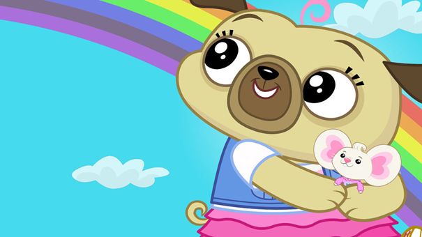 Chip ve Potato Arka planında mavi bir gökyüzü, gökkuşağı ve iki adet bulut olan yatay dikdörtgen çizgi film görselinin sağ tarafında, insan formunda pug cinsi bir köpek olan Chip ve beyaz bir fare olan Potato kafalarını hafifçe sola doğru yukarı kaldırmış, gülümseyerek gökkuşağının devamına bakıyor. Chip’in avucuna sığacak büyüklükteki Potato, Chip’in kucağında duruyor.  Chip’in tüyleri bej renginde. Büyük yuvarlak bir daireden oluşan göz akının içinde siyah yuvarlak gözbebekleri var.Gözlerinin üzerinde üçer tane belirgin kirpik yer alıyor. Chip’in yüzünün tam ortasında büyük, açık kahverengi, kenarları yuvarlak bir üçgen ve bu üçgenin içinde daha küçük ve daha koyu kahverengi, kenarları yuvarlak bir üçgen var. Bu bölgede Chip’in ters üçgen şeklinde siyah burnu ve yay şeklindeki beyaz, tek parça dişi gözüküyor. Chip’in kahverengi kaşları ve kulakları havaya dikilmiş. Kafasının tepesindeyse içe doğru dönen bir tel pembe saçı var. Chip, beyaz tişört üzerine kot yelek giymiş. Pembe, fırfırlı bir eteği var ve arkadaki çıplak kuyruğu gözüküyor.  Chip kollarını önünde birleştirmiş, kucağında Potato’yu tutuyor. ,  Sadece üst vücudu gözüken Potato kocaman kafası, kocaman kulakları ve minicik elleri olan bir fare.  Kulaklarınında, dışta açık pembe, içte koyu pembe olmak üzere ikişer adet yan duran kalp şekli dikkat çekiyor. Potato’nun ters üçgen şeklinde pembe bir burnu ve siyah daire şeklinde gözleri var. Kapalı duran ters M harfi şeklindeki ağzından iki tane dişi çıkmış. Kafasının tepesinden geriye doğru taranmış beyaz saçı çıkıyor. Üzerinde ortasında mavi bir kalp deseni olan pembe, pelüş bir kapüşonlu var.