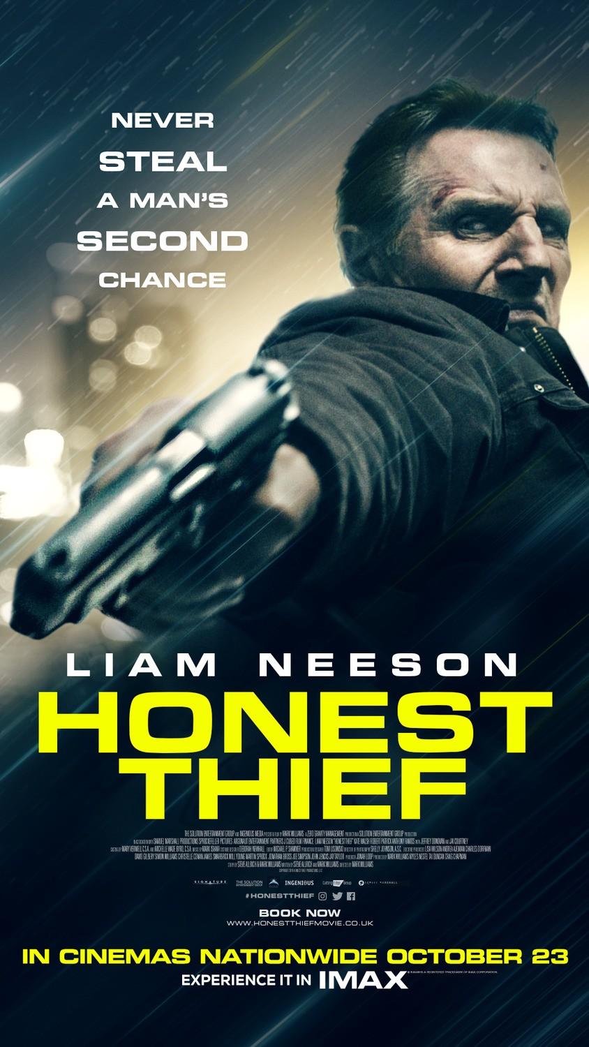 Dürüst Hırsız – Honest Thief  Betimleyen: Emine Berre GÜMÜŞ Dikey konumlandırılmış afişin sol üst kısmında beyaz ve büyük harflerle “NEVER STEAL A MAN’S SECOND CHANCE” yazıyor. Afişte yağmurlu bir gecede, arkasından ışık vuran ve tabancasını sağ aşağıya doğru doğrultmuş olan Tom (Liam Neeson) bulunuyor. Tom 50 yaşlarında, geniş alınlı, şakakları beyazlamış koyu renk saçlı, dik burunlu ve seyrek kaşlı. Tom’un göz altları hayli kırışık ve göz çukurları derin, dudaklarını aşağı doğru büktüğü için burnu ile kaşlarının birleştiği noktada ve şakaklarında kırışıklıklar oluşmuş. Birkaç gündür tıraş olmamış gibi bıyıkları çıkmış. Tom’un üzerinde siyah renk bir kaban var. Sağ elindeki tabancayı sağ aşağı doğru doğrultmuş ve hedefine öfkeyle bakıyor. Tom’un elinin hemen altında, afişin fonu düz siyah renk olarak seçilmiş. Büyük punto ve beyaz harflerle “LIAM NEESON”, hemen altında sarı ve daha büyük punto harflerle “HONEST THIEF” yazıyor. Film ekibiyle ilgili bilgiler okunamayacak kadar silik, filme katkısı bulunanların logolarından sadece “INGENIOUS” un logosu anlaşılır halde. Bir alt satırda “#HONESTTHIEF” yanında Instagram, Twitter, Facebook logoları yer alıyor. Aşağıya doğru sırasıyla; büyük, beyaz ve kalın harflerle “BOOK NOW”, ince harflerle “WWW.HONESTTHEFMOVIE.CO.UK”, bir alt satırda sarı, büyük ve kalın harflerle “IN CINEMAS NATIONWIDE OCTOBER 23”, beyaz, büyük ve kalın harflerle ise “EXPERIENCE IT IN IMAX” yazıyor.