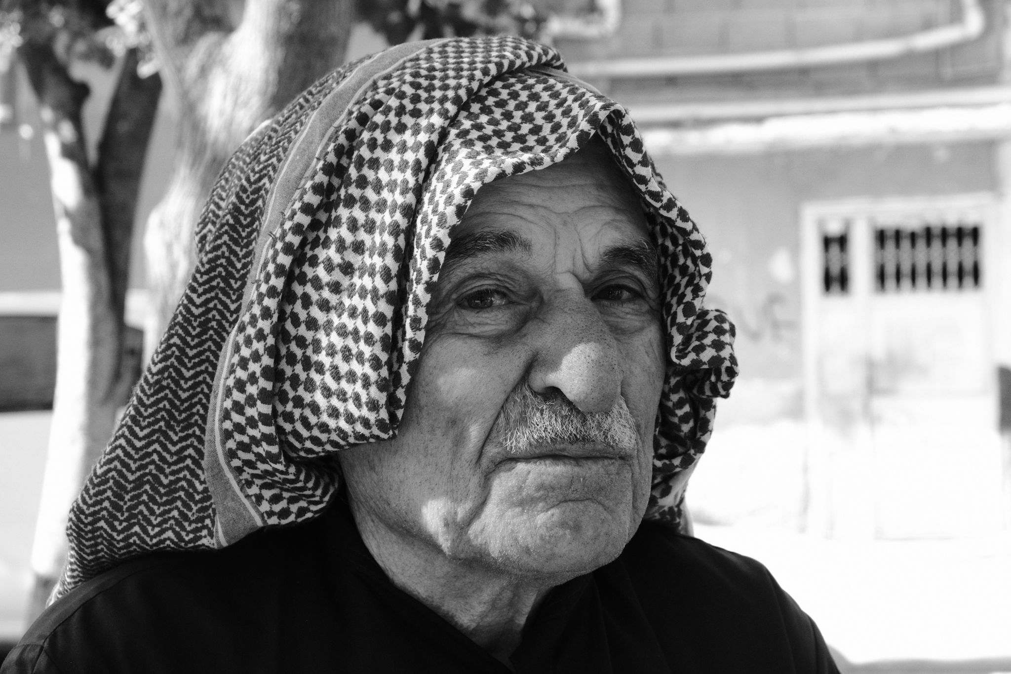 Hüzün Yatay dikdörtgen siyah beyaz fotoğrafta yaşlı bir erkek hafif soluna dönerek kameraya bakar biçimde poz vermiş. Dudakları kapalı ve gülümsemeden durmuş. Görüntü erkeğin başının biraz üzerinden başlayıp omuzlarında bitmiş. Görüntüsü yetmiş yaşın üzerinde. Ne çok zayıf ne de çok kilolu. Esmer bir ten rengine sahip. Başında siyah kareli bir puşi var. Boynunu kapatmayarak omuzlarından arkasına salmış.  Yaşlı erkek kare yüz şekline sahip. Alnı, iki kaşının ortası, göz kapakları, gözaltları, yanakları, çenesi ve boynu genel olarak buruşuk bir görünümde ve derin çizgilere sahip. Dar bir alnı var. Siyah renkli kaşları hafif gür ve biraz kırlaşmış. Orta uzunlukta ve gözlerinin bitişine doğru yoğunlaşmış. İki kaşının ortası oldukça açık. Gözleri koyu renk ve orta büyüklükte. Göz kapakları sarkmış. Büyük göz altı torbalarına sahip.  Erkeğin burnu geniş ve büyük. Ucu aşağı doğru bıyığının üzerine düşmüş. Beyaz renginde bıyıkları burnu  ve dudağı arasını kaplamış. Kenarları aşağı sarkmamış. Dudakları ise orta kalınlıkta.   Üzerinde siyah bir gömlek var. Boynunu biraz açıkta bırakmış. Boyun damarları belirgin.  Arka planda bir evin beyaz renkli kapısı ve iki tane ağaç var. Ağaçlar fotoğrafın solunda, evin kapısı ise sağ tarafta çıkmış.