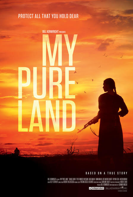 My Pure Land/Temiz Dünyam  Betimleyen: Zerrin TEZEL  Dikey formdaki afişin dörtte üçlük bölümünü, gün batımının sarı ve turuncu tonlarıyla renk cümbüşü yarattığı gökyüzü kaplıyor. Gökyüzünde kuşlar uçuyor. Bir göl kenarındaki çalılıkta, Nazo karakterini canlandıran Suhaee Abro hafif sola doğru arkası dönük duruyor. Nazo yirmili yaşların başlarında, siyah uzun saçları arkadan örgülü, zayıf ve orta boylu bir kadın. Nazo üzerine uzun ve bedeni sarmayan bir elbise girmiş, iki eliyle tuttuğu tüfeğin uzun namlusu aşağı bakıyor. Karanlıkta kaldığı için yüz hatları ve elbisesinin rengi seçilmiyor. Nazo solunda, göl kenarında duran iki adama doğru bakıyor. Yüzünün hatları tam olarak görünmese de düzgün burnu ve dudaklarının kıvrımı sol profilden seçilebiliyor.  Afişin üst bölümünde büyük beyaz harflerle “PROTECT ALL THAT YOU HOLD DEAR” biraz altında “BILL KENWRIGHT PRESENTS” ibareleri yer alıyor. Filmin ismi “MY PURE LAND” yarı saydam,  büyük ve kalın puntolarla gökyüzüyle geçişli biçimde afişin sol kısmına üç satır halinde yerleştirilmiş. Nazo’nun namlusu D kelimenin altına yakın duruyor.  Afişin alt bölümünde, büyük beyaz harflerle “BASED ON A TRUE STORY” ibaresi sağa dayalı şekilde yer alıyor.  Onun altında ise film ekibi ve sponsorların çok net olmayan isimleri, yine sağa hizalanarak yazılmış.