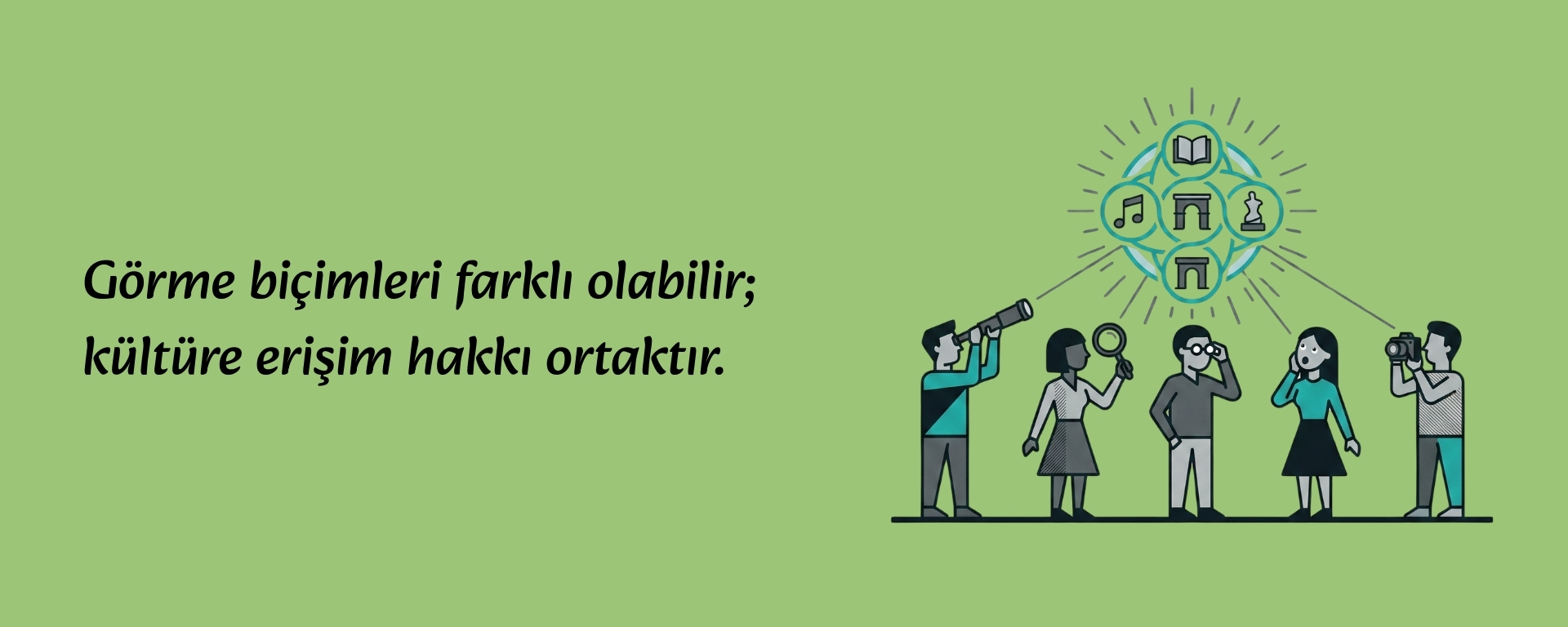 Yeşil fon üzerinde tasarlanan görselde, sol tarafta siyah harflerle Görme biçimleri farklı olabilir; kültüre erişim hakkı ortaktır. yazısı yer alan illüstrasyon. Sağ tarafta ise farklı şekillerde (teleskop, büyüteç, gözlük, telefon kamerası, fotoğraf makinesi) kültür ve sanatı deneyimleyen beş kişilik bir grup ve üzerlerinde parlayan, kitap, müzik notası, müze binası ve heykel ikonlarını içeren sembolik bir kültür bulutu görülüyor.