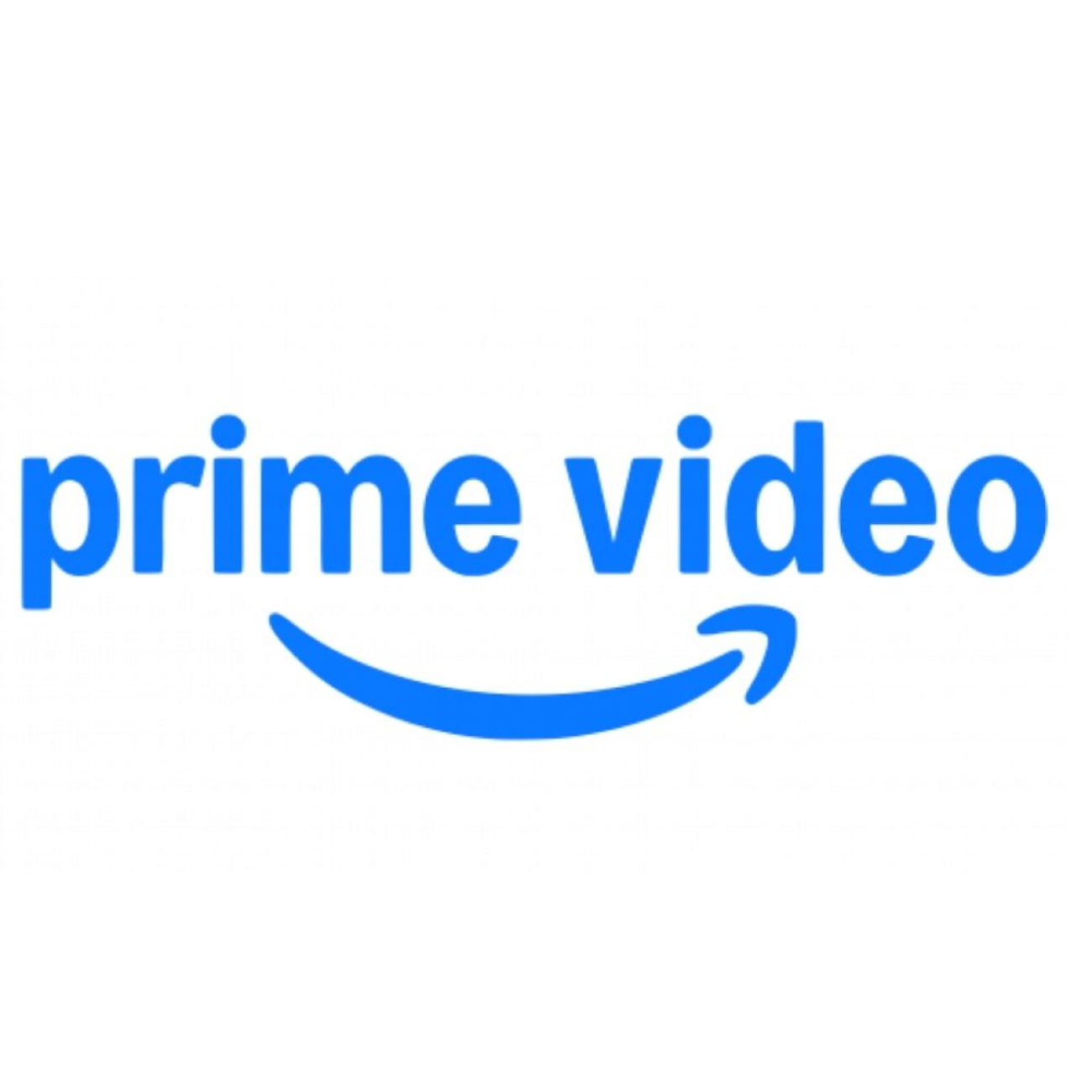 Beyaz arka plan üzerinde tamamı parlak mavi renkte prime video yazıyor. Metnin altında, p harfinin altından başlayıp v harfine doğru uzanan, ucu yukarı bakan bir ok şeklinde kavisli bir çizgi yer alıyor. Bu çizgi gülen bir ağız ifadesini andırıyor.