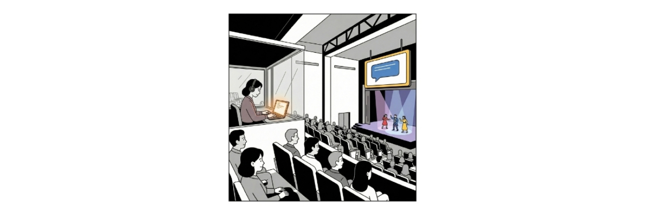 Bir tiyatro salonunda canlı alt yazılama uygulamasını gösteren illüstrasyon. Sol üstteki kabinde siyah saçlı bir kadın alt yazı çevirmeni, sahnede konuşulanları eş zamanlı olarak bilgisayarına yazıyor; yazılanlar, sahnenin üstündeki panelde görünüyor.