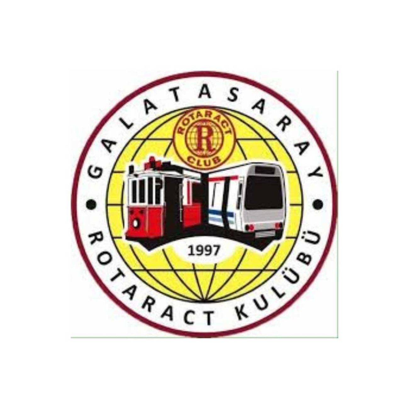 Galatasaray Rotaract Kulübü logosu. Dairesel tasarımın ortasında İstanbul'un ulaşım simgeleri olan nostaljik tramvay ve modern metro görseli bir arada kullanılmış.