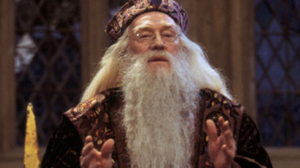 Harry Potter And The Philosopher`s Stone / Harry Potter Ve Felsefe Taşı Filmi - Albus Percival Wulfric Brian Dumbledore-Betimleyen: Sedef TAYLAN /  Boğaziçi Üniversitesi ED 200 Dersi Öğrencisi  Filmden bir kare olduğu anlaşılan yatay dikdörtgen fotoğrafın ortasında Albus Dumbledore (Richard Harris) kafasını hafif kaldırmış, konuşma yapıyormuş gibi duruyor. Arka planda görselin sağ ve sol tarafında baklava şeklinde desenleri olan birer pencere var. Baklava şekli eşkenar dikdörtgene benziyor.  Albus Dumbledore yetmişli yaşlarında yaşlı bir erkek ve açık bir ten rengine sahip. Beyaz uzun düz saçları arkasına doğru atılmış. Bıyıkları dudak çevresini sarmış ve göğsüne kadar uzanan uzun dalgalı beyaz sakalları var. Oval, uzun, ince yüzünde ve geniş alnında biraz kırışıklıklar oluşmuş. Kaşları da saçları gibi beyazlamış. Küçük gözleri kısılmış ve göz altlarında çizgiler belirmiş. Köşeleri ovalleşmiş ters üçgene benzeyen, ince, gri çerçeveli bir gözlük takmış. Büyük burnunun kenarlarından dudak çevresine uzanan çizgilerin yarısı sakallarının arkasında kalmış. Dudakları soluk renkte ve düz duruyor. Dudakları hafif aralanmış.  Dumbledore bordo renkli, geniş yakaları katlanmış, üzerinde sarı, turuncu, kırmızı renklerde motifler olan bir cüppe giymiş. Kafasına da cüppesiyle uyumlu, kafasını çepçevre saran yaklaşık 4-5 parmak kalınlığında bir şapka takmış. Elleri iki yanda avuç içleri birbirine bakıyor ve parmakları ileri doğru bir şeyi tutacakmış gibi duruyor.