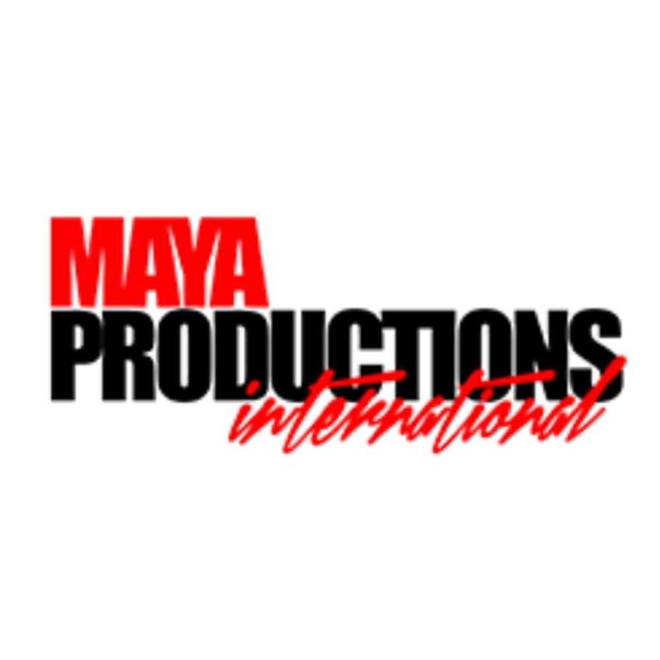 Maya Productions International logosu: Kırmızı MAYA ve siyah PRODUCTIONS ibarelerinin alt köşesine estetik bir kırmızı el yazısıyla eklenmiş International metni yer alıyor.