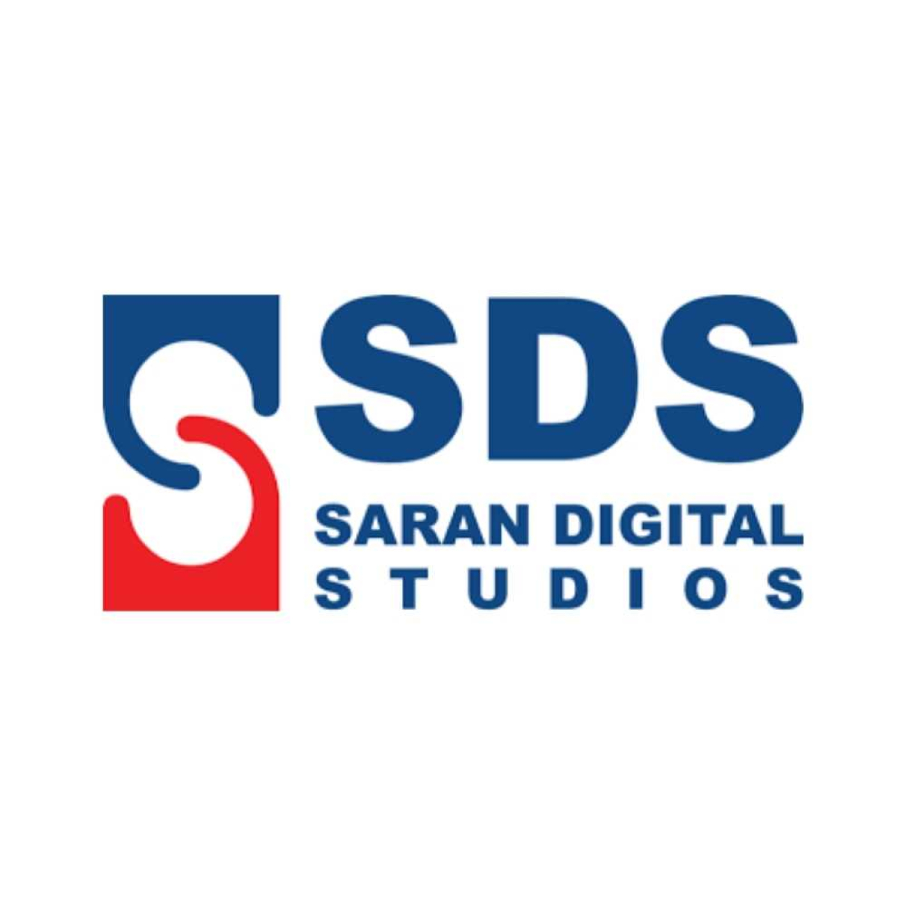 Saran Digital Studios kurumsal logosu: Lacivert-kırmızı kıvrımlı bir sembol ile yanında baskın lacivert tonlarda SDS kısaltması ve şirketin tam adını içeren tasarım yer alıyor.