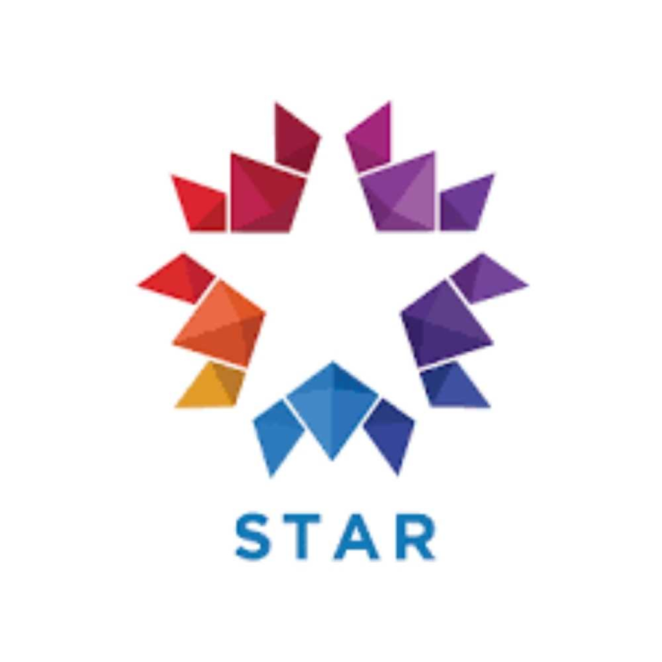Renkli üçgenler prizmaları parçalarından oluşan yıldız ambleminin altında mavi STAR yazısından oluşan STAR logosu.