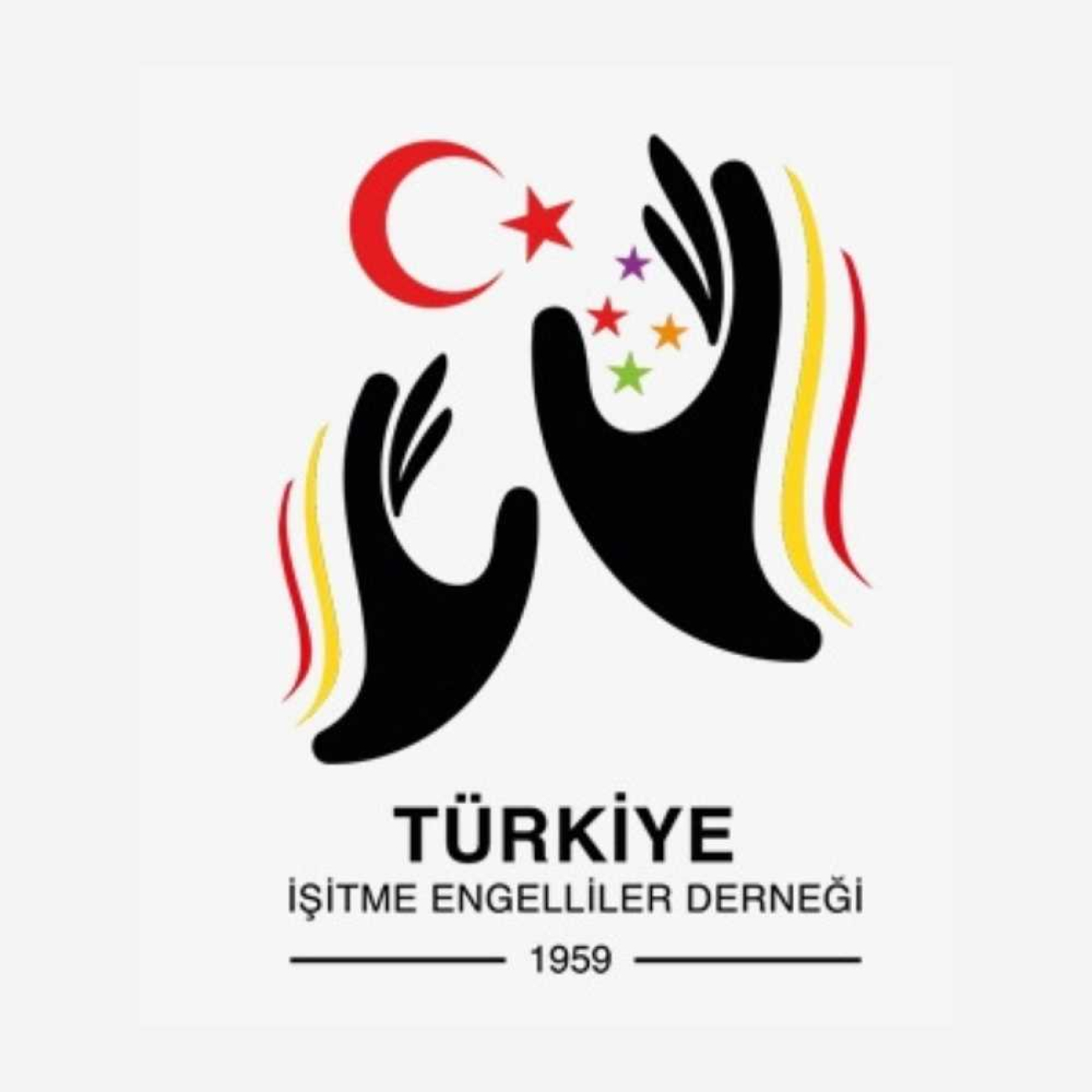 Beyaz zemin üzerinde, avuç içleri birbirine bakan iki siyah el silüeti. Ellerin arasında kırmızı ay yıldız ve küçük renkli yıldızlar yer alıyor. Altında Türkiye İşitme Engelliler Derneği 1959 yazısı bulunuyor.
