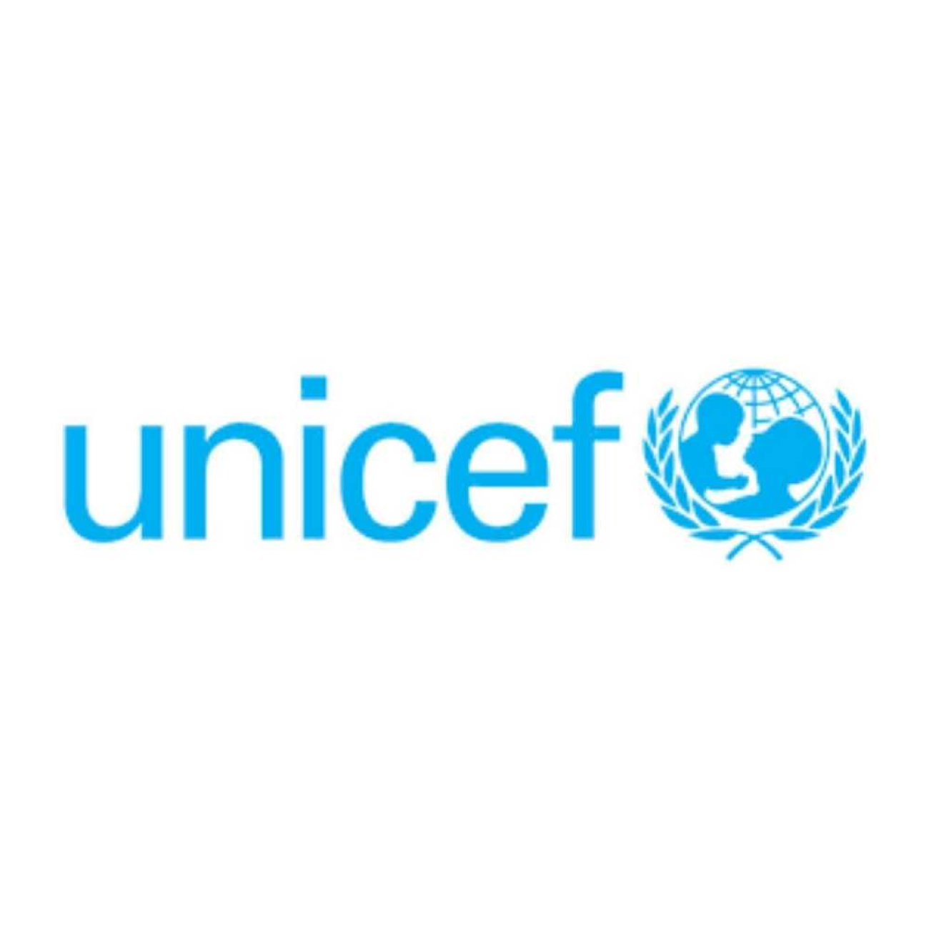Beyaz zemin üzerinde gökyüzü mavisi renginde, küçük harflerle yazılmış unicef ibaresi ve sağında bir dünya küresi önünde anne ve çocuk silüetini çevreleyen zeytin dallarından oluşan amblem yer alıyor.