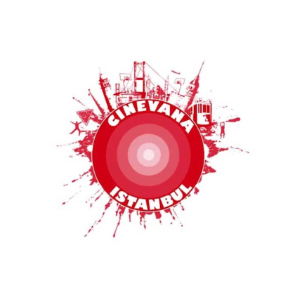 CINEVANA ISTANBUL Kırmızı tonlarda Cinevana İstanbul logosu. Merkezde iç içe geçmiş halkalardan oluşan hedef tahtası benzeri bir daire, çevresinde ise İstanbul Boğaz Köprüsü, Galata Kulesi ve tramvay gibi ikonik şehir silüetleri ile boya sıçraması efektleri yer alıyor. Üstte kavisli şekilde CINEVANA, altta ise ISTANBUL yazısı bulunuyor.
